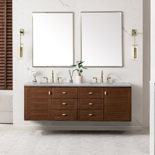 72 Inch Amberly Dual Mount Vanity in Mid-Century Walnut / Carrara White Top