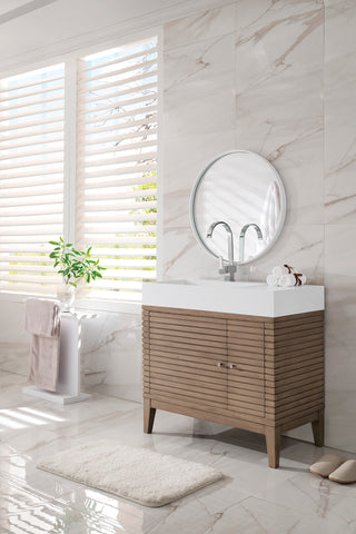 35.38 Inch Linear Freestanding Vanity in Whitewashed Walnut / Glossy White Top