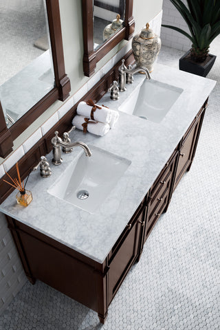 60 Inch Brittany Freestanding Vanity in Burnished Mahogany / Carrara White Top
