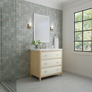 36 Inch Celeste Freestanding Vanity in Sunwashed Oak with Embossed Shagreen Drawer Fronts / White Zeus Top