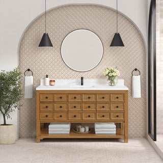 60 Inch Malibu Freestanding Vanity in Amber Birch / White Zeus Top