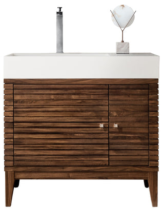 35.38 Inch Linear Freestanding Vanity in Mid-Century Walnut / Glossy White Top