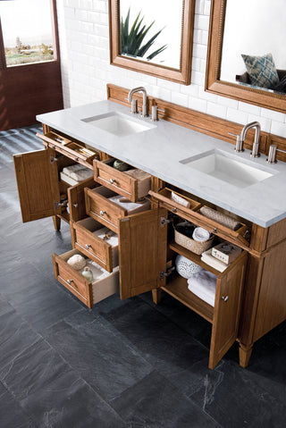 72 Inch Brittany Freestanding Vanity in Saddle Brown / Carrara White Top