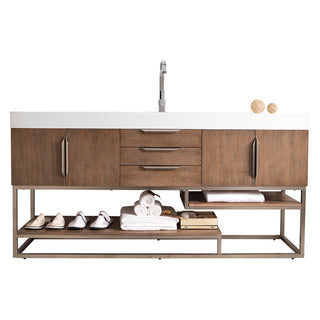 72.375 Inch Columbia Freestanding Vanity in Latte Oak / Glossy White Top