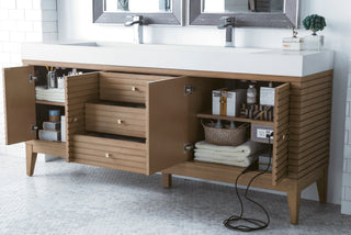 72.5 Inch Linear Freestanding Vanity in Whitewashed Walnut / Glossy White Top
