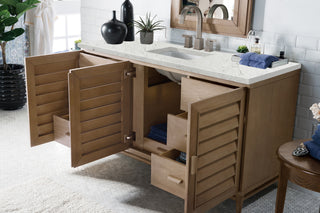 60 Inch Portland Freestanding Vanity in Whitewashed Walnut / Eternal Jasmine Pearl Top