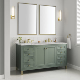 60 Inch Chicago Freestanding Vanity in Smokey Celadon / Victorian Silver Top