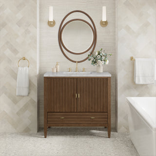 36 Inch Myrrin Freestanding Vanity in Mid-Century Walnut / Victorian Silver Top