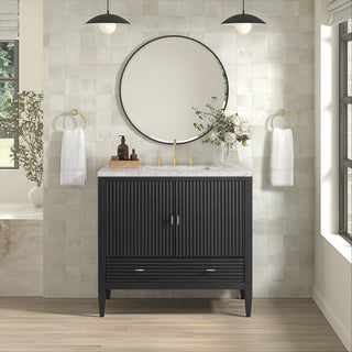 36 Inch Myrrin Freestanding Vanity in Carbon Oak / Eternal Jasmine Pearl Top