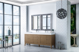 72.5 Inch Linear Freestanding Vanity in Whitewashed Walnut / Glossy White Top