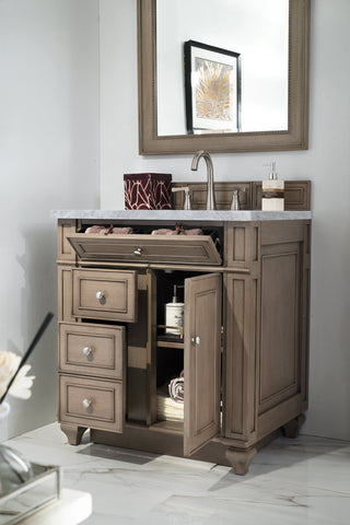 30 Inch Bristol Freestanding Vanity in Whitewashed Walnut / Carrara White Top