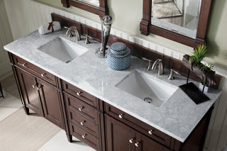 72 Inch Brittany Freestanding Vanity in Burnished Mahogany / Carrara White Top