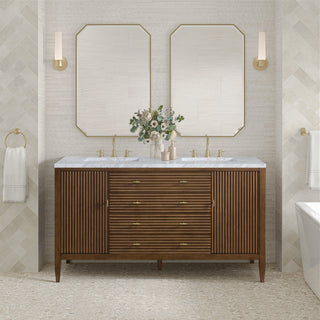 60 Inch Myrrin Freestanding Vanity in Mid-Century Walnut / Carrara White Top