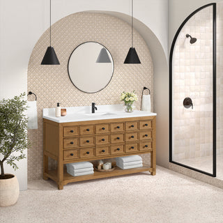 60 Inch Malibu Freestanding Vanity in Amber Birch / White Zeus Top