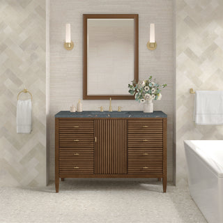 48 Inch Myrrin Freestanding Vanity in Mid-Century Walnut / Parisien Bleu Top