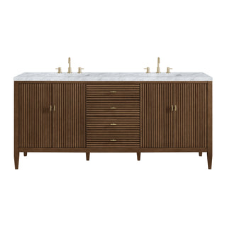 72 Inch Myrrin Freestanding Vanity in Mid-Century Walnut / Carrara White Top