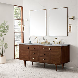 72 Inch Amberly Dual Mount Vanity in Mid-Century Walnut / Arctic Fall Top