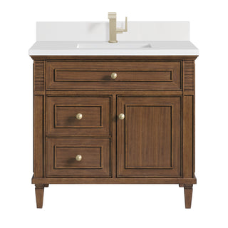36 Inch Lorelai Freestanding Vanity in Mid-Century Walnut / White Zeus Top