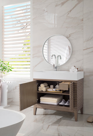 35.38 Inch Linear Freestanding Vanity in Whitewashed Walnut / Glossy White Top