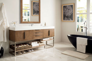 72.375 Inch Columbia Freestanding Vanity in Latte Oak / Glossy White Top