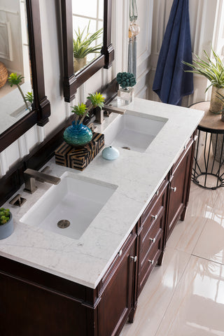 60 Inch Brittany Freestanding Vanity in Burnished Mahogany / Eternal Jasmine Pearl Top