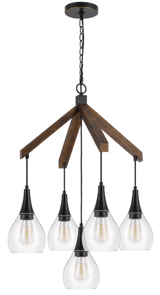 60W X 5 Watkins Rubber Wood Chandelier With Hanging Glass Shades