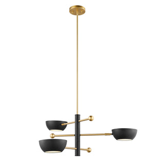 3-Light Chandelier in Matte Black and Natural Brass