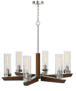 60W X 6 Ercolano Pine Wood/Metal Chandelier With Clear Glass Shade (Edison Bulbs Not Included)