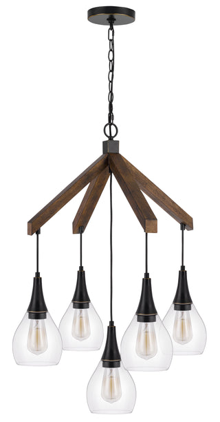 60W X 5 Watkins Rubber Wood Chandelier With Hanging Glass Shades