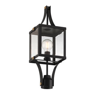 Raeburn 1-Light Outdoor Post Lantern in Matte Black and Weathered Brushed Brass