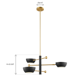 3-Light Chandelier in Matte Black and Natural Brass