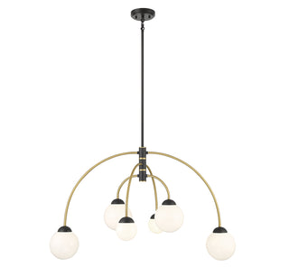 6-Light Chandelier in Matte Black with Natural Brass