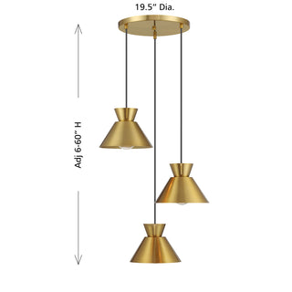 3-Light Multi-Point Chandelier in Natural Brass