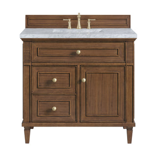 36 Inch Lorelai Freestanding Vanity in Mid-Century Walnut / Carrara White Top
