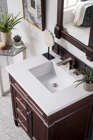 30 Inch Brittany Freestanding Vanity in Burnished Mahogany / White Zeus Top