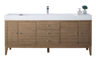 72.5 Inch Linear Freestanding Vanity in Whitewashed Walnut / Glossy White Top