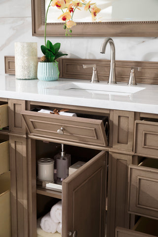 60 Inch Bristol Freestanding Vanity in Whitewashed Walnut / Arctic Fall Solid Surface Top