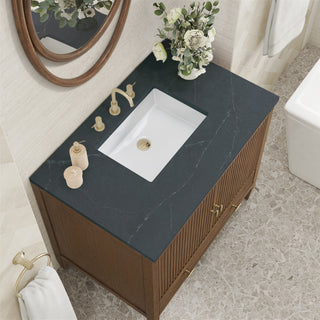 36 Inch Myrrin Freestanding Vanity in Mid-Century Walnut / Charcoal Soapstone Top