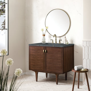 36 Inch Amberly Dual Mount Vanity in Mid-Century Walnut / Parisien Bleu Top