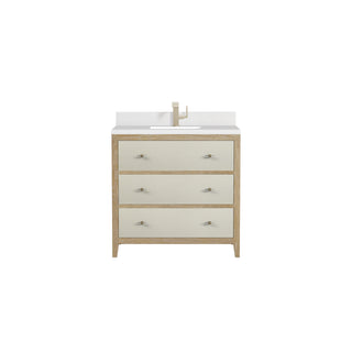 36 Inch Celeste Freestanding Vanity in Sunwashed Oak with Embossed Shagreen Drawer Fronts / White Zeus Top
