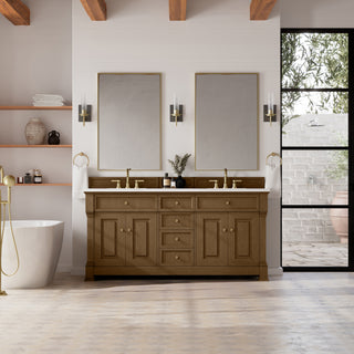 72 Inch Brookfield Freestanding Vanity in Honey Oak / White Zeus Top