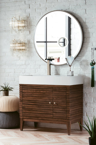 35.38 Inch Linear Freestanding Vanity in Mid-Century Walnut / Glossy White Top