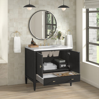36 Inch Myrrin Freestanding Vanity in Carbon Oak / White Zeus Top