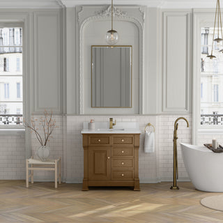 36 Inch Brookfield Freestanding Vanity in Honey Oak / White Zeus Top