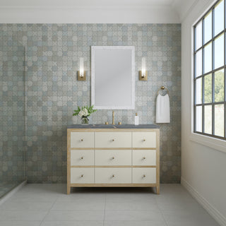 48 Inch Celeste Freestanding Vanity in Sunwashed Oak with Embossed Shagreen Drawer Fronts / Parisien Bleu Top
