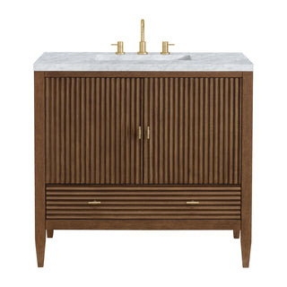 36 Inch Myrrin Freestanding Vanity in Mid-Century Walnut / Carrara White Top