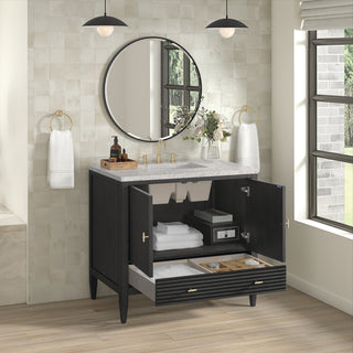 36 Inch Myrrin Freestanding Vanity in Carbon Oak / Eternal Jasmine Pearl Top