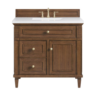 36 Inch Lorelai Freestanding Vanity in Mid-Century Walnut / White Zeus Top