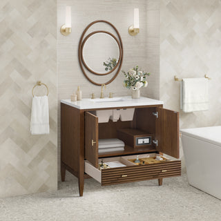 36 Inch Myrrin Freestanding Vanity in Mid-Century Walnut / White Zeus Top