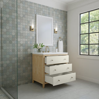 36 Inch Celeste Freestanding Vanity in Sunwashed Oak with Embossed Shagreen Drawer Fronts / White Zeus Top